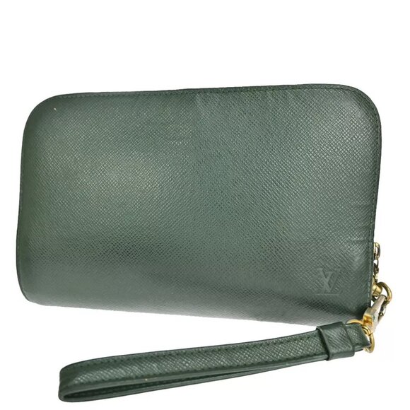 LOUIS VUITTON LV Logo BAIKAL Clutch Hand Bag Taiga Leather Green - Picture 1 of 14
